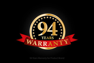 94 years warranty golden logo with ring and red ribbon isolated on black background, vector design for product warranty, guarantee, service, corporate, and your business.