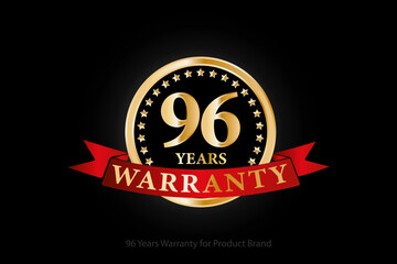 96 years warranty golden logo with ring and red ribbon isolated on black background, vector design for product warranty, guarantee, service, corporate, and your business. - obrazy, fototapety, plakaty