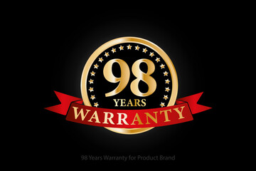 98 years warranty golden logo with ring and red ribbon isolated on black background, vector design for product warranty, guarantee, service, corporate, and your business.