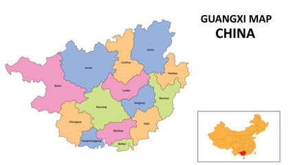 Guangxi Map of China. State and district map of Guangxi. Detailed colorful map of Guangxi.