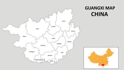 Guangxi Map of China. State and district map of Guangxi. Administrative map of Guangxi with the district in white color.