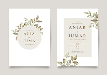 Elegant wedding invitation with watercolor leaf decoration