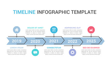 Horizontal timeline template with five arrows, workflow or process diagram