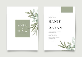 Minimalist wedding invitation template with green leaves - obrazy, fototapety, plakaty