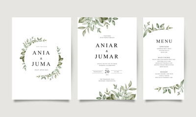 Set of elegant wedding invitation templates with greenery watercolor - obrazy, fototapety, plakaty