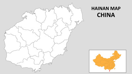 Hainan Map of China. Outline the state map of Hainan. Political map of Hainan with a black and white design.