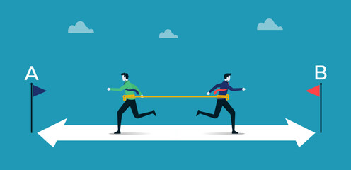 Bad team work, organization and miscommunication leading to failure for all, two businessmen run on arrow opposite directions - obrazy, fototapety, plakaty