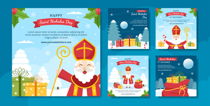 Saint Nicholas Day or Sinterklaas Social Media Post Template Hand Drawn Cartoon Flat Illustration