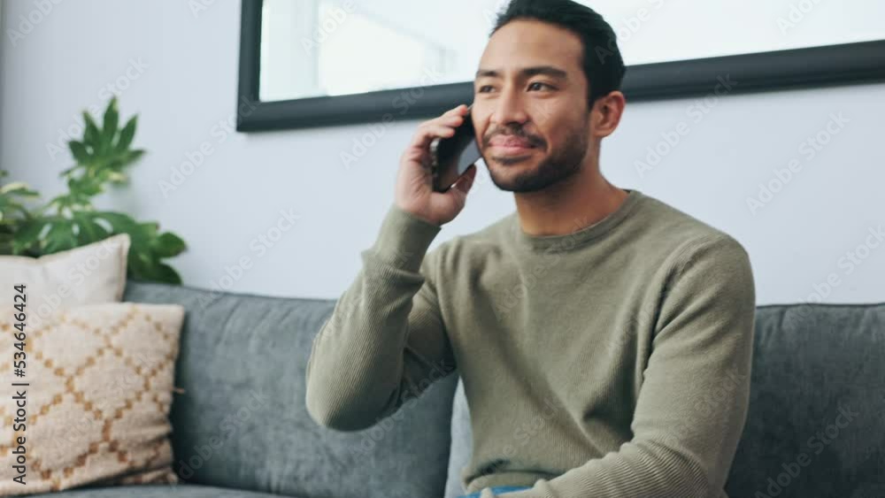 Poster communication, phone call and relax man on sofa talking on mobile smartphone while at peace on home 