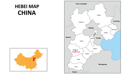 Hebei Map of China. State and district map of Hebei. Administrative map of Hebei with district and capital in white color.