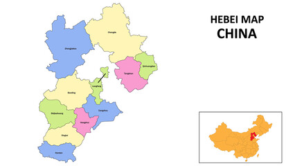 Hebei Map of China. State and district map of Hebei. Detailed colorful map of Hebei.