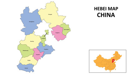 Obraz premium Hebei Map of China. State and district map of Hebei. Detailed colorful map of Hebei.