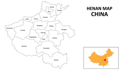 Henan Map of China. State and district map of Henan. Administrative map of Henan with the district in white color.