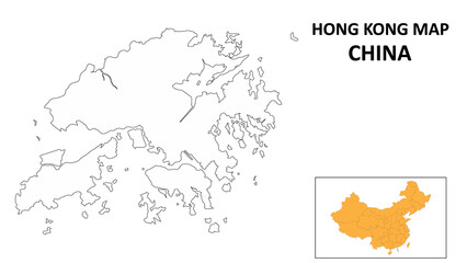 Hong Kong Map of China. Outline the state map of Hong Kong. Political map of Hong Kong with a black and white design.