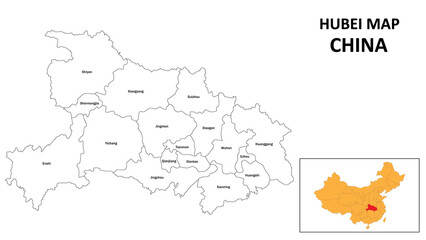 Hubei Map of China. State and district map of Hubei. Administrative map of Hubei with the district in white color.