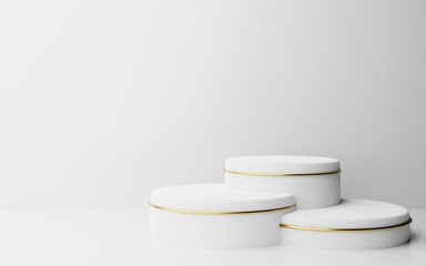 Empty 3d rendering podium stage pedestal with elegant luxury white and golden accents for product placement for display and advertising promotion