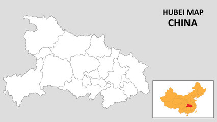 Hubei Map of China. Outline the state map of Hubei. Political map of Hubei with a black and white design.