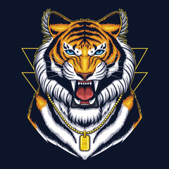Angry tiger wearing necklace gold vector illustration