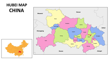 Hubei Map of China. State and district map of Hubei. Political map of Hubei with country capital.