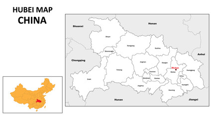 Hubei Map of China. State and district map of Hubei. Administrative map of Hubei with district and capital in white color.