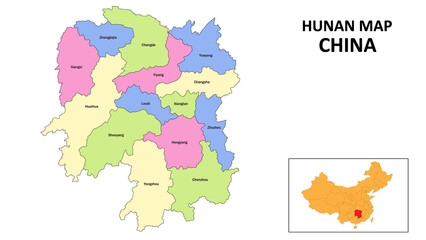 Hunan Map of China. State and district map of Hunan. Detailed colorful map of Hunan.