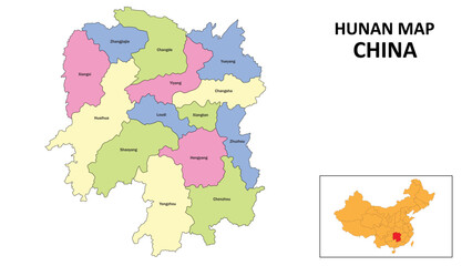 Hunan Map of China. State and district map of Hunan. Detailed colorful map of Hunan.