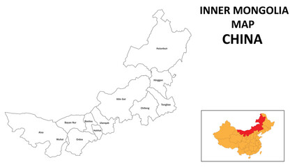 Inner Mongolia Map of China. State and district map of Inner Mongolia. Administrative map of Inner Mongolia with the district in white color.