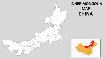 Inner Mongolia Map of China. Outline the state map of Inner Mongolia. Political map of Inner Mongolia with a black and white design.