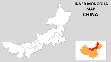 Fototapeta premium Inner Mongolia Map of China. Outline the state map of Inner Mongolia. Political map of Inner Mongolia with a black and white design.