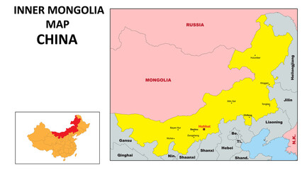 Obraz premium Inner Mongolia Map of China. Major city map of Inner Mongolia. Political map of Inner Mongolia with country capital.