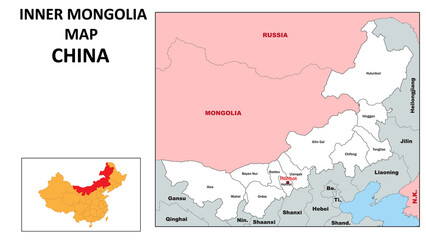 Inner Mongolia Map of China. State and district map of Inner Mongolia. Administrative map of Inner Mongolia with district and capital in white color.