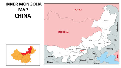 Inner Mongolia Map of China. State and district map of Inner Mongolia. Administrative map of Inner Mongolia with district and capital in white color.
