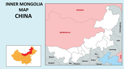 Inner Mongolia Map of China. State and district map of Inner Mongolia. Political map of Inner Mongolia with outline and black and white design.