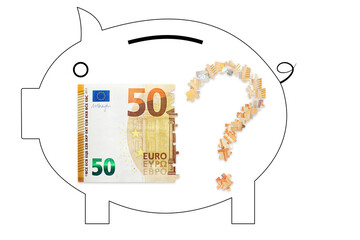 Puzzle made from fifty euro note and isolated on a white background with piggy bank.  Inflation and hyper inflation in Europe.