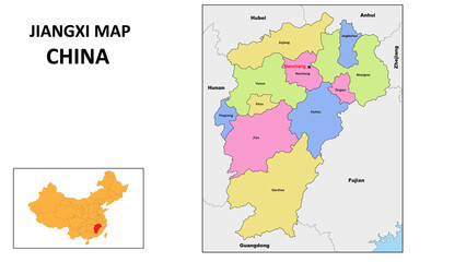 Jiangxi Map of China. State and district map of Jiangxi. Political map of Jiangxi with country capital.