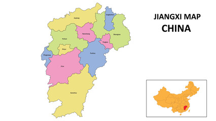Jiangxi Map of China. State and district map of Jiangxi. Detailed colorful map of Jiangxi.