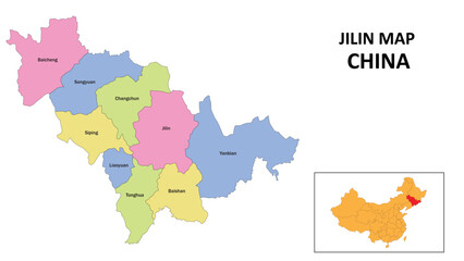 Jilin Map of China. State and district map of Jilin. Detailed colorful map of Jilin.