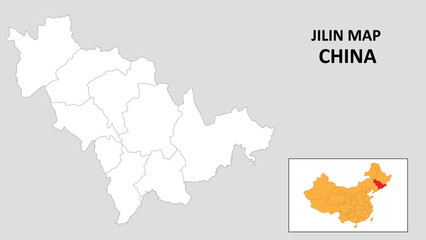 Jilin Map of China. Outline the state map of Jilin. Political map of Jilin with a black and white design.