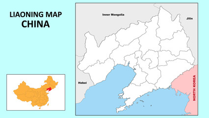 Liaoning Map of China. State and district map of Liaoning. Political map of Liaoning with outline and black and white design.