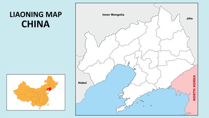 Liaoning Map of China. State and district map of Liaoning. Political map of Liaoning with outline and black and white design.