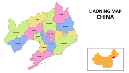 Liaoning Map of China. State and district map of Liaoning. Detailed colorful map of Liaoning.