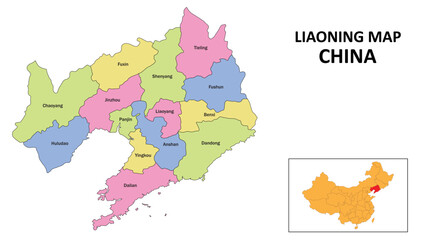 Liaoning Map of China. State and district map of Liaoning. Detailed colorful map of Liaoning. - obrazy, fototapety, plakaty