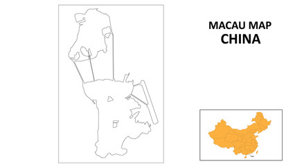 Macau Map of China. Outline the state map of Macau. Political map of Macau with a black and white design.