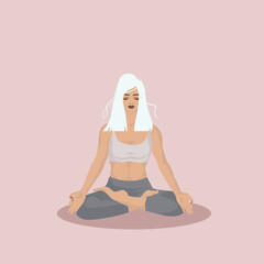 the girl does yoga in a spacious hall. vector isolated illustration in the flat style. pastel colors