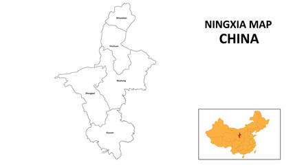 Ningxia Map of China. State and district map of Ningxia. Administrative map of Ningxia with the district in white color.