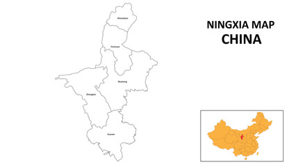 Ningxia Map of China. State and district map of Ningxia. Administrative map of Ningxia with the district in white color.