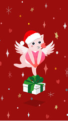 A cat angel gives a kiss, wears a santa hat and holds a pink heart, standing on a gift box with many shining stars on a red background, vector illustration