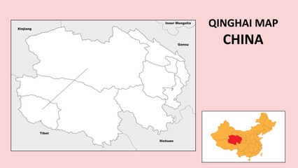 Qinghai Map of China. State and district map of Qinghai. Political map of Qinghai with outline and black and white design.