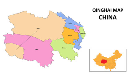 Qinghai Map of China. State and district map of Qinghai. Detailed colourful map of Qinghai.