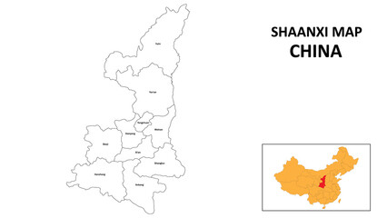 Shaanxi Map of China. State and district map of Shaanxi. Administrative map of Shaanxi with the district in white colour.